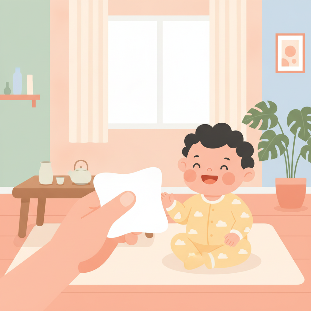 아기 물티슈 추천 — 아기와 물티슈를 든 부모 손 일러스트