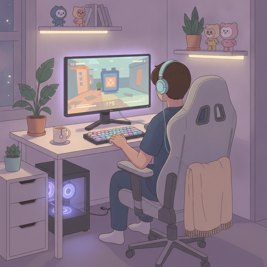 야간 데스크에서 유선 이어폰을 끼고 FPS 게임에 집중하는 게이머