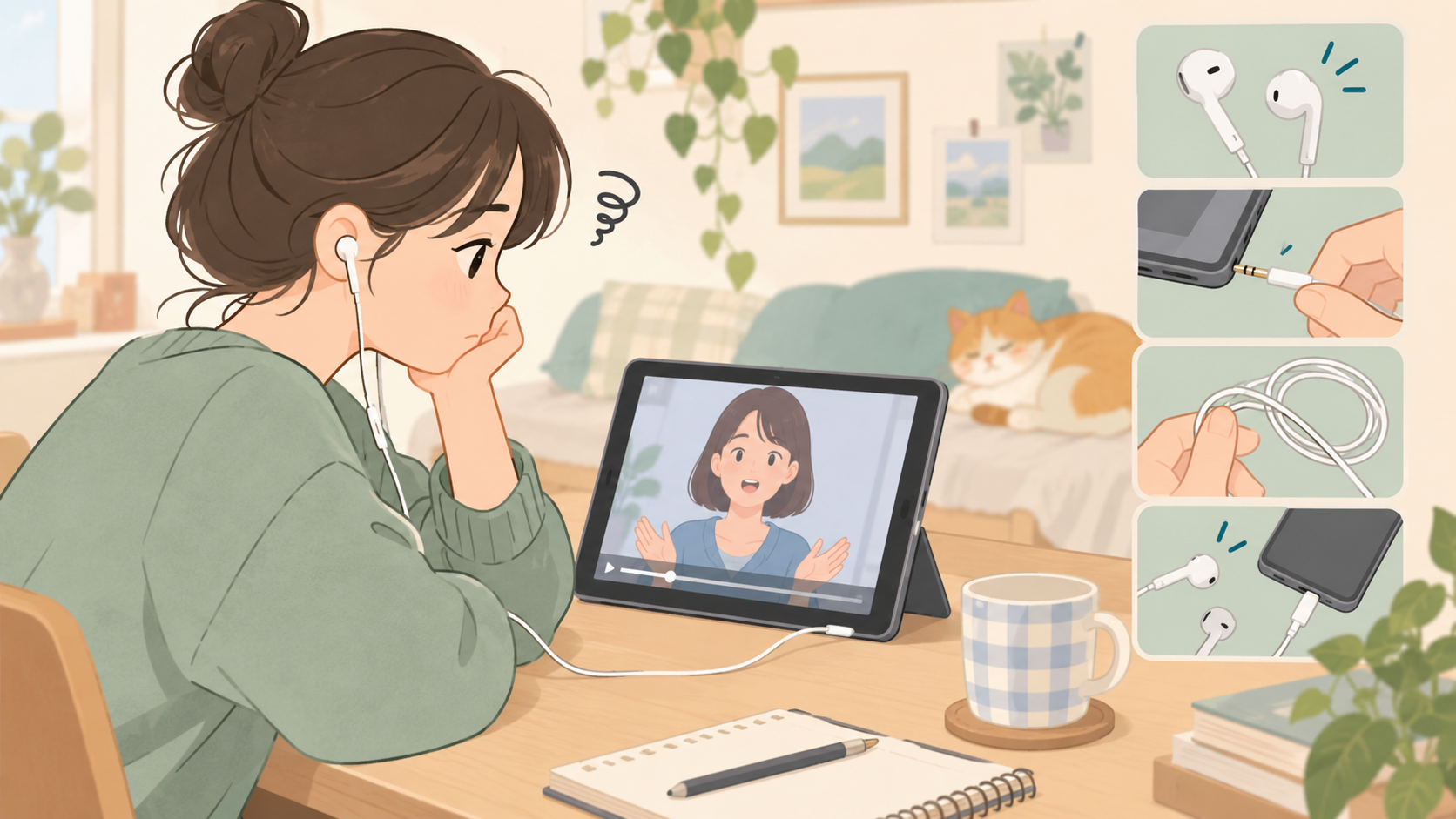 영상과 입 모양이 안 맞는 이어폰 점검법의 점검 상황을 설명하는 삽화
