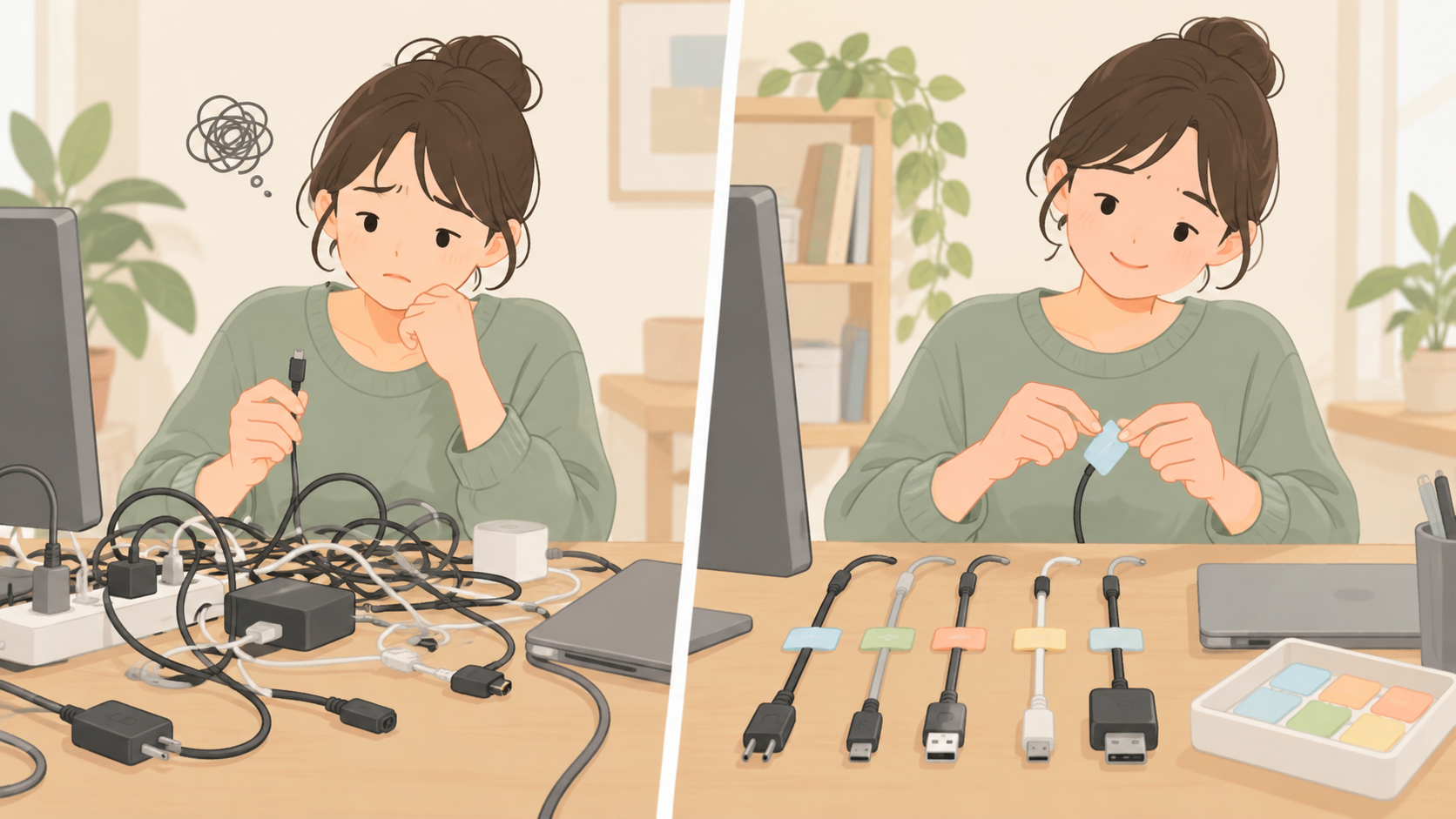 전선을 뽑고 나면 헷갈리는 책상 정리법의 점검 상황을 설명하는 삽화