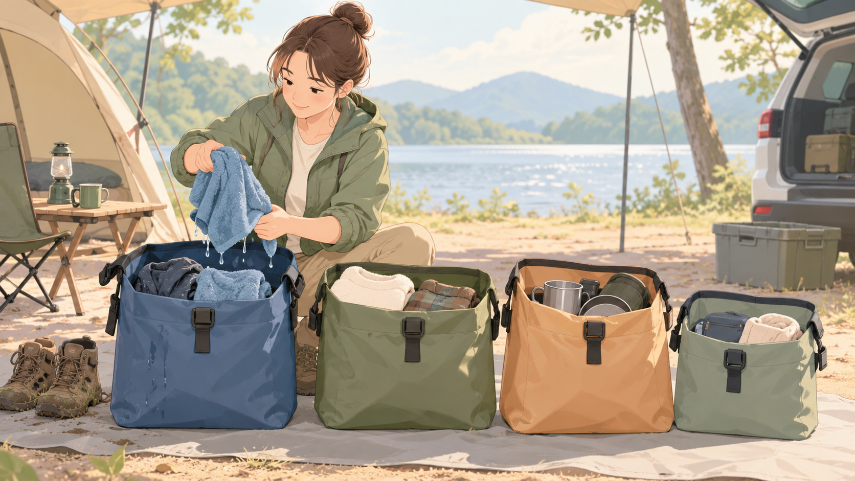 캠핑 철수 때 젖은 물건을 섞지 않는 법의 점검 상황을 설명하는 삽화