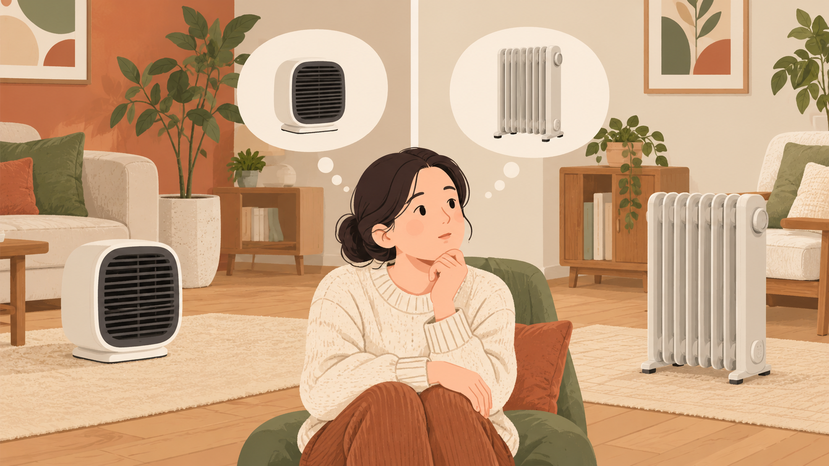 온풍기와 라디에이터, 방에서 쓰는 차이의 점검 상황을 설명하는 삽화