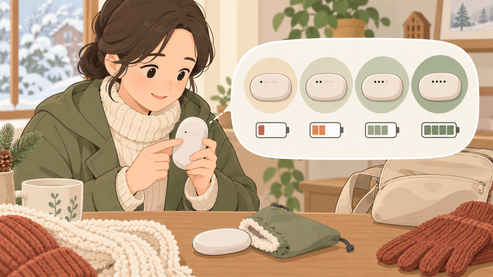 충전식 손난로, 사용시간 표시 읽는 법의 점검 상황을 설명하는 삽화