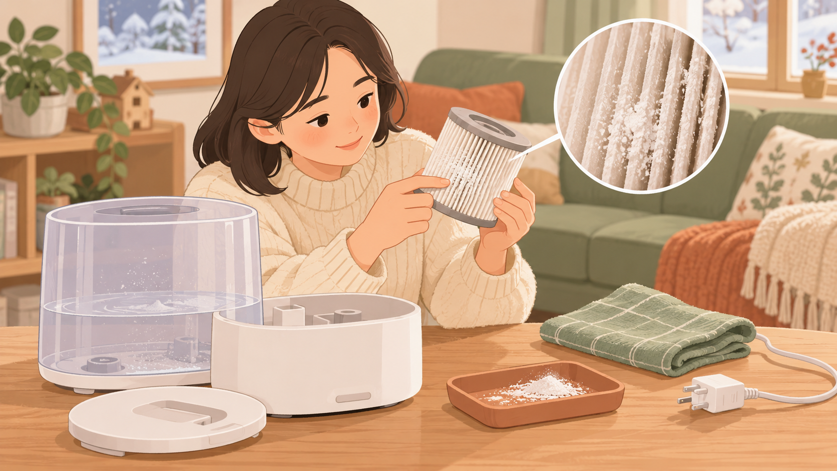 가습기 주변 하얀 가루, 필터부터 살까요의 점검 상황을 설명하는 삽화
