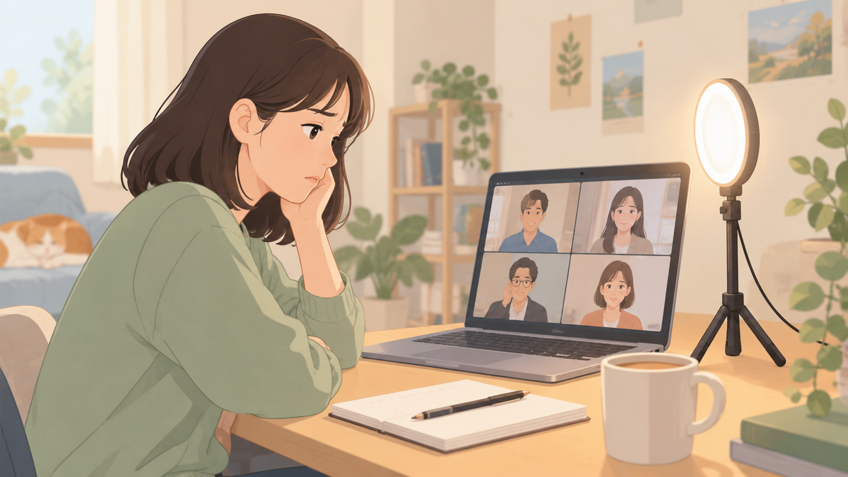 화상회의에서 얼굴이 어두워 보이는 이유의 점검 상황을 설명하는 삽화