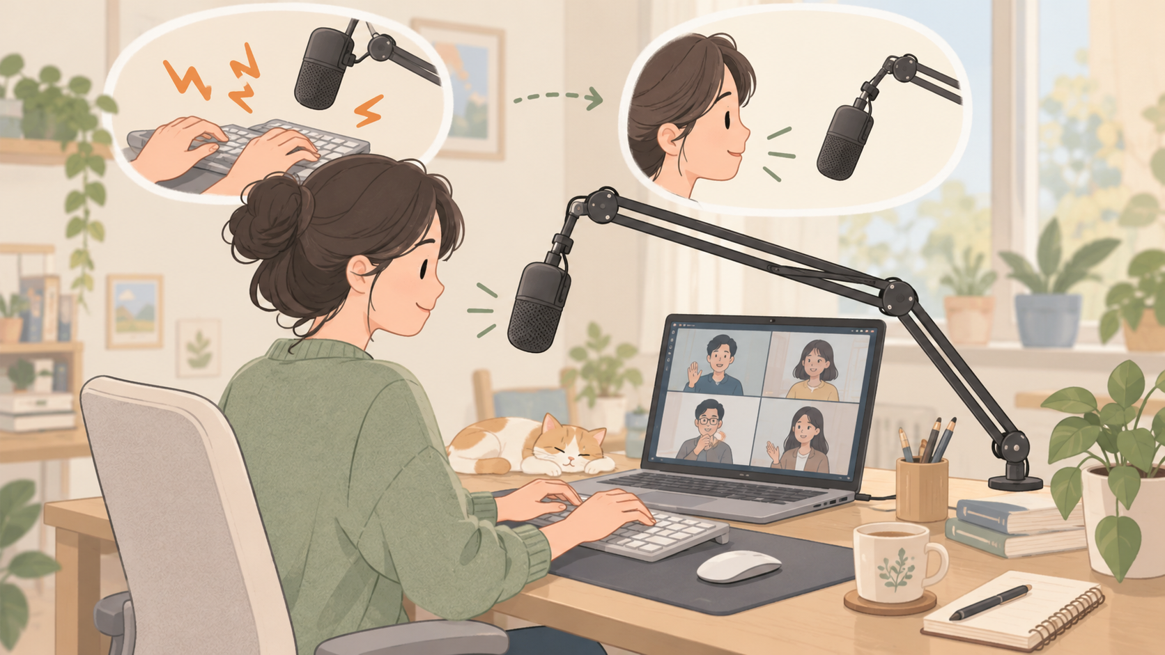 회의 마이크에 키보드 소리만 크게 잡힌다면의 점검 상황을 설명하는 삽화