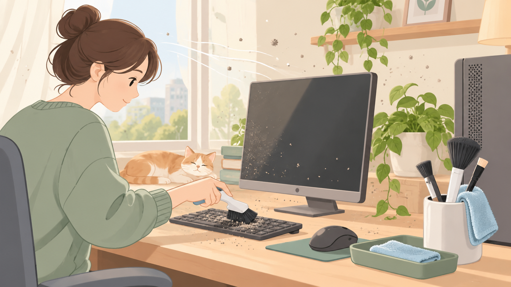 컴퓨터 먼지, 닦아도 금방 쌓이는 이유의 점검 상황을 설명하는 삽화