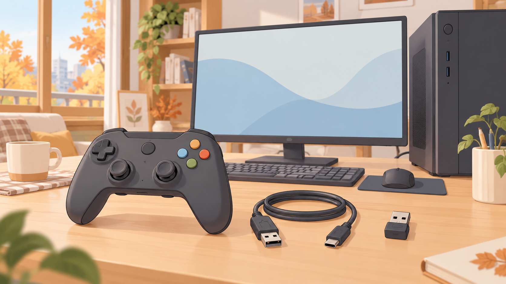 PC 게임패드 선택 기준과 사용 공간을 설명하는 일러스트