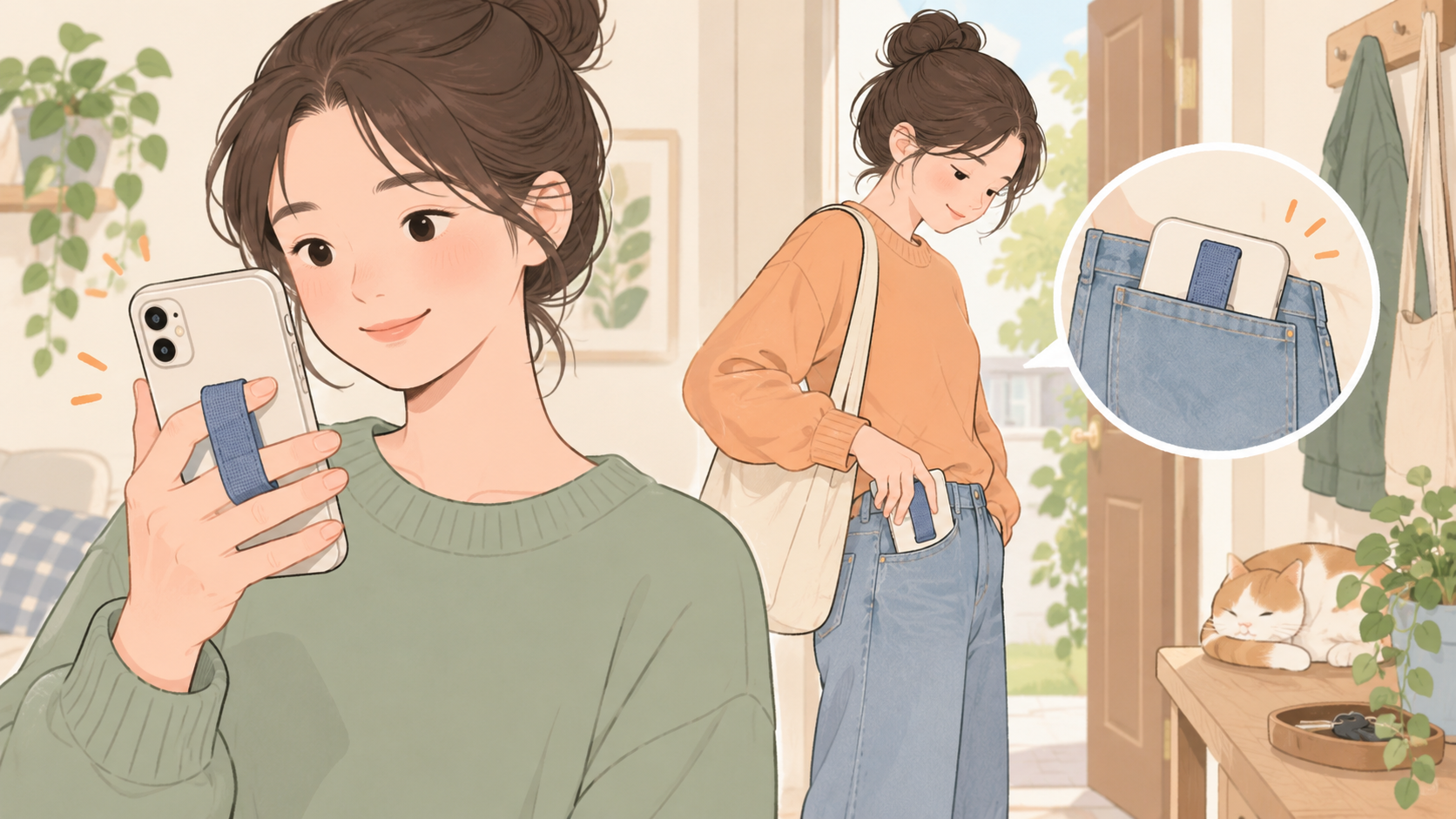 휴대폰 그립, 손보다 주머니도 확인하세요의 점검 상황을 설명하는 삽화