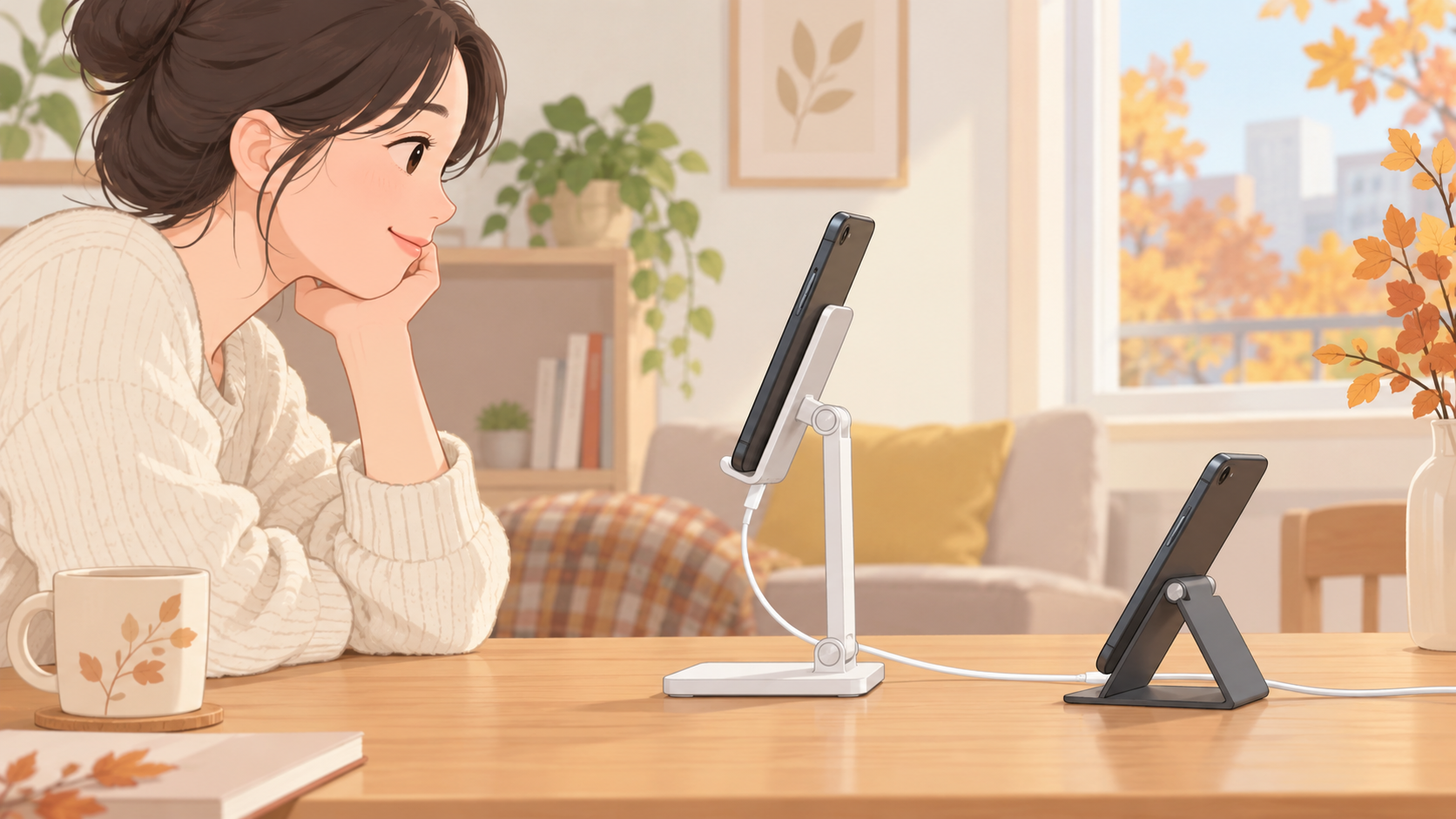 휴대폰 거치대 선택 기준과 사용 공간을 설명하는 일러스트