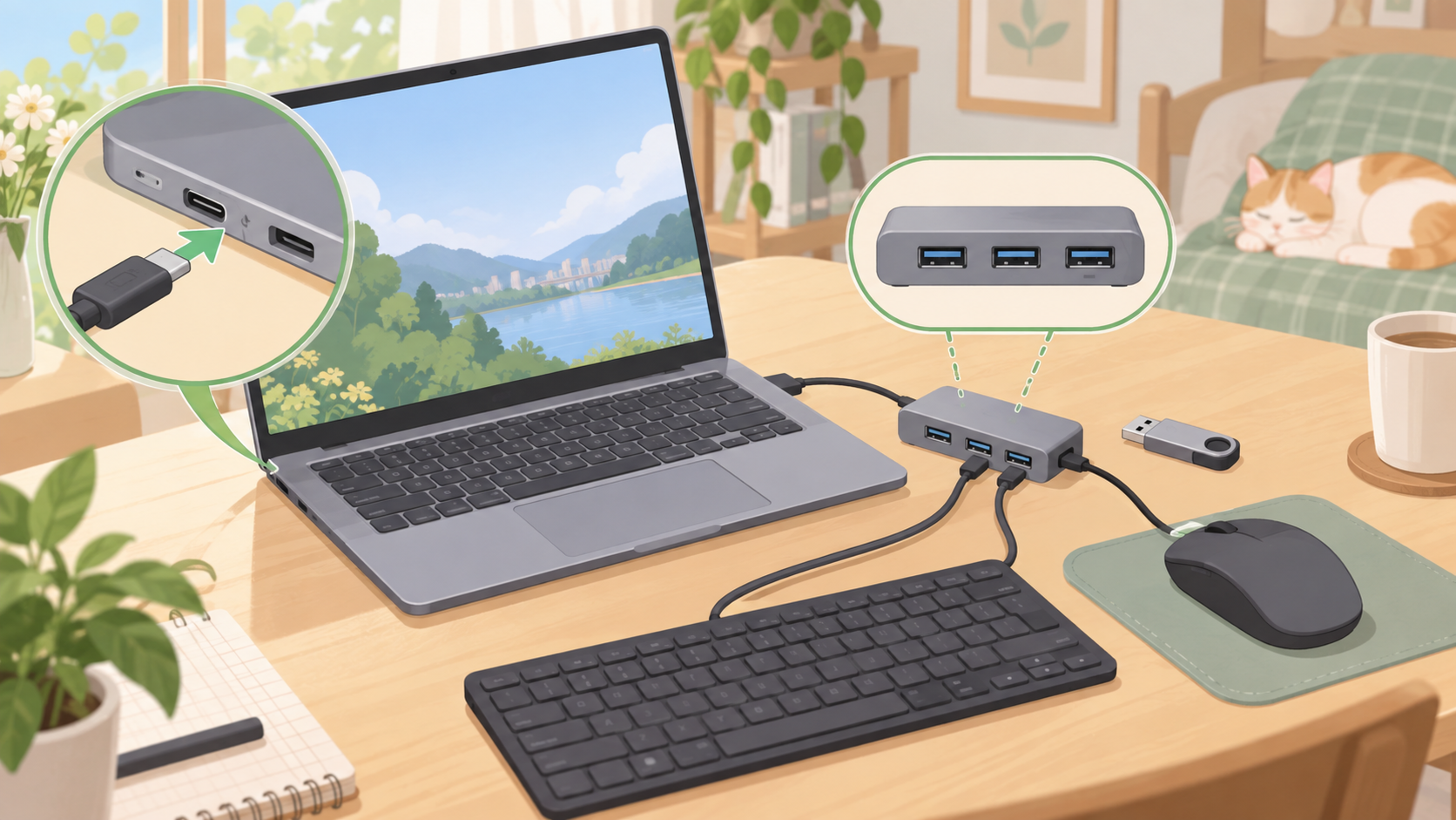 USB 허브 선택 기준과 사용 공간을 설명하는 일러스트