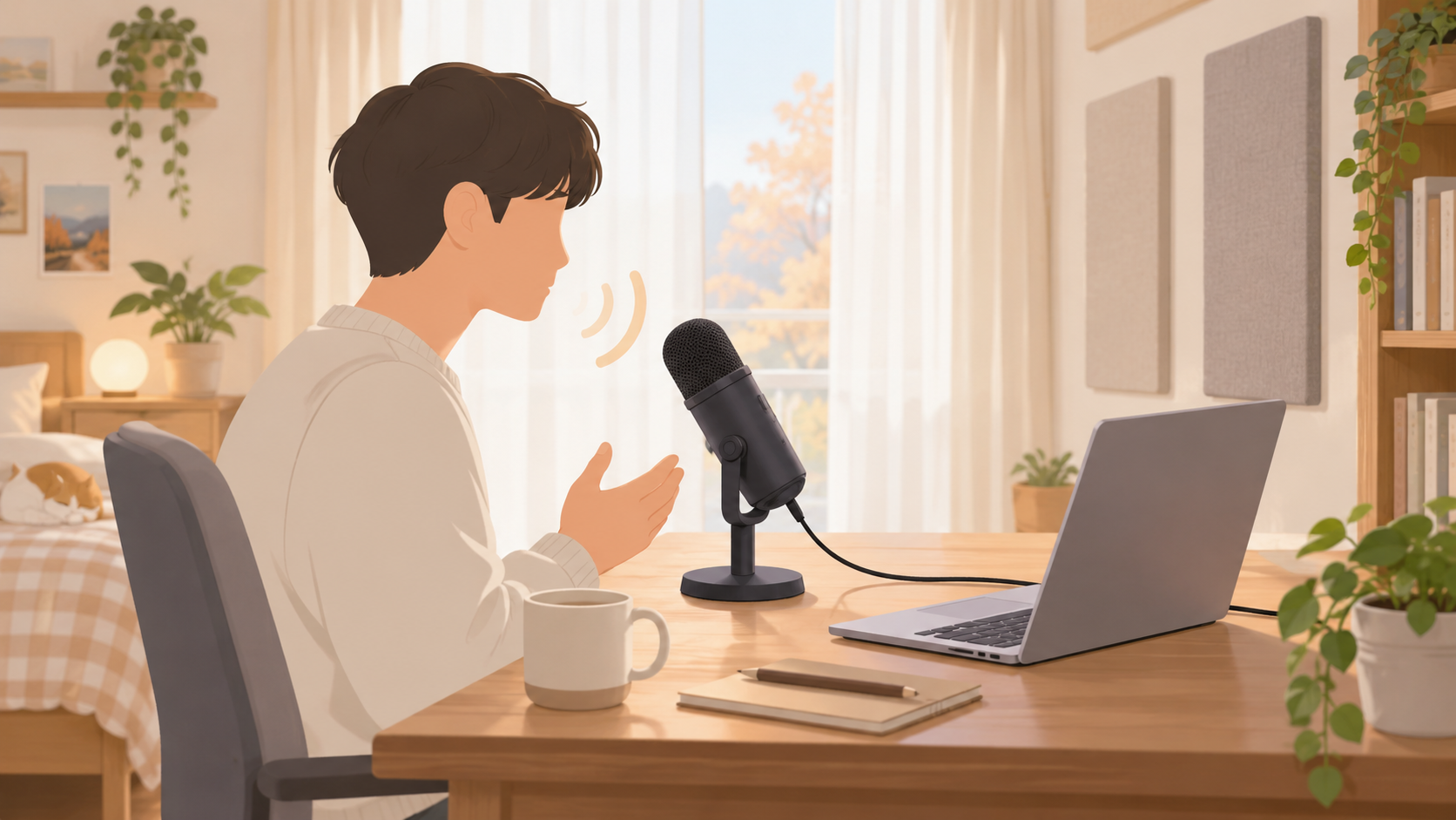 USB 마이크 선택 기준과 사용 공간을 설명하는 일러스트