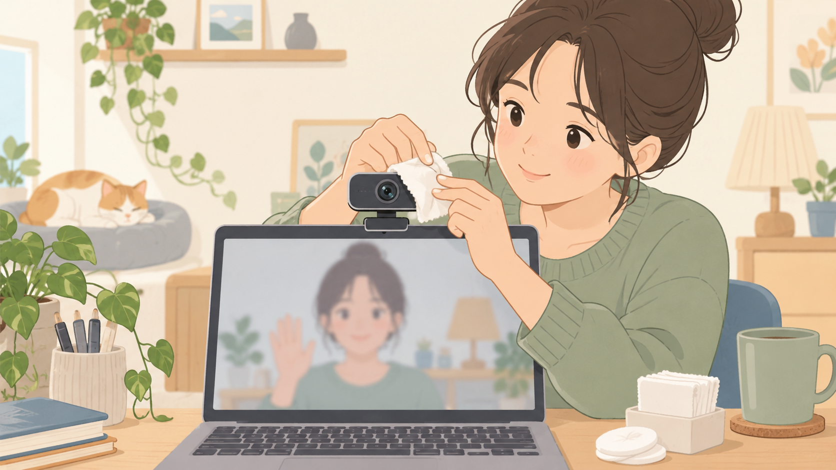 웹캠 화면이 뿌옇다면 렌즈부터 닦으세요의 점검 상황을 설명하는 삽화