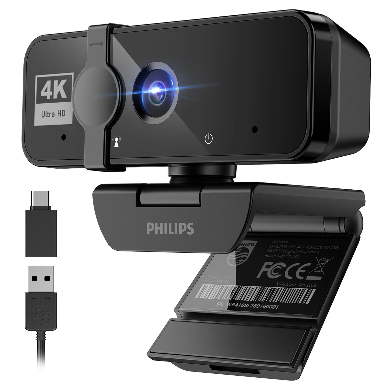 PHILIPS 4K UHD 웹캠 노이즈캔슬링 마이크 내장 PC 화상회의 방송용, BLACK, SPL6418 상품 사진
